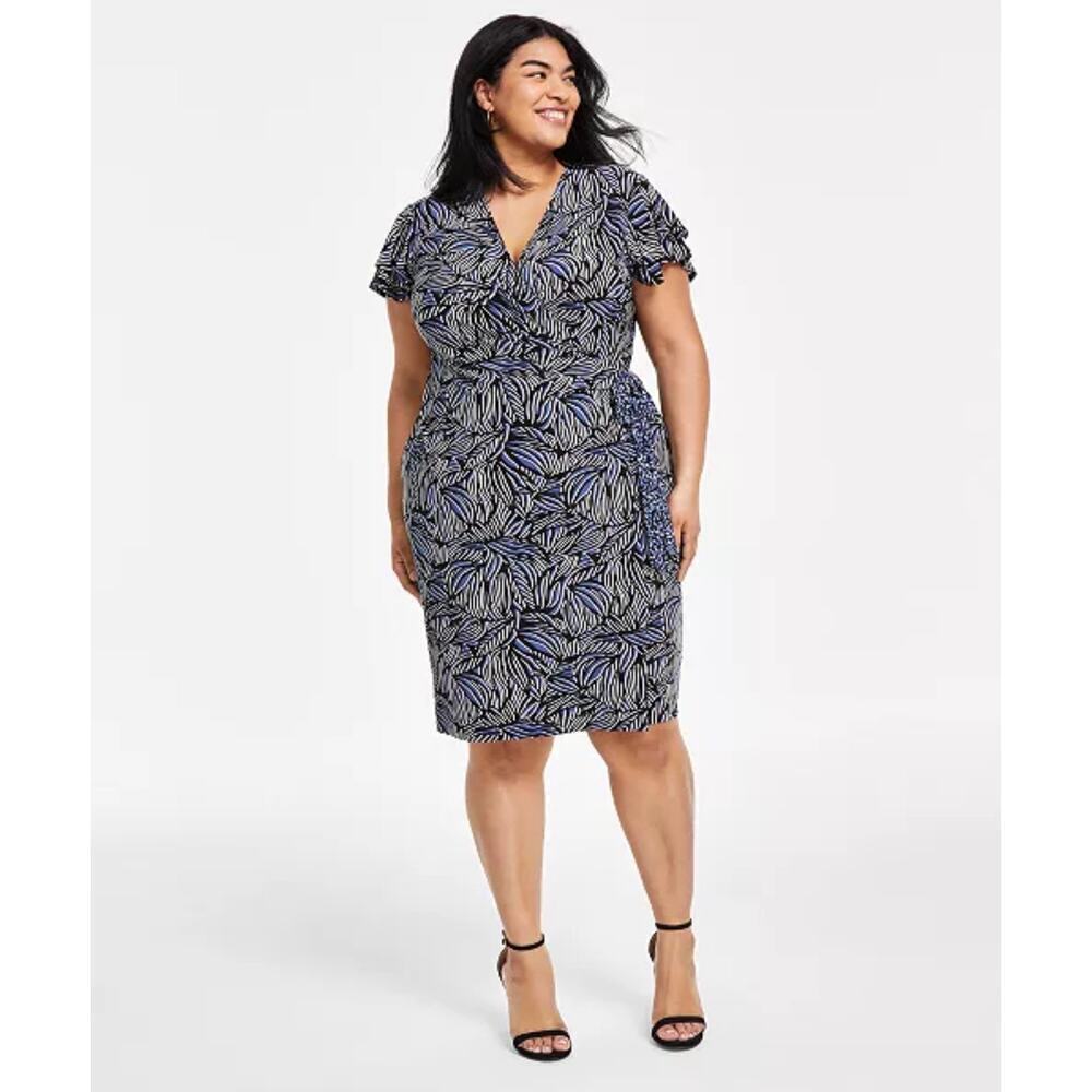 Anne Klein Faux-Wrap Flutter Sleeve Floral Print Dress Multi-Color 3X - Picture 3 of 10